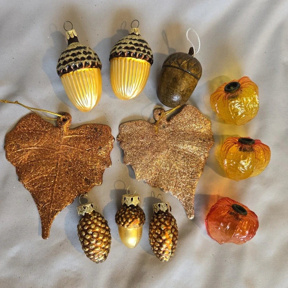 Pier 1 Fall Ornament Lot of 11 Acorns Pumpkins Leaves Glass Glitter Autumn Decor